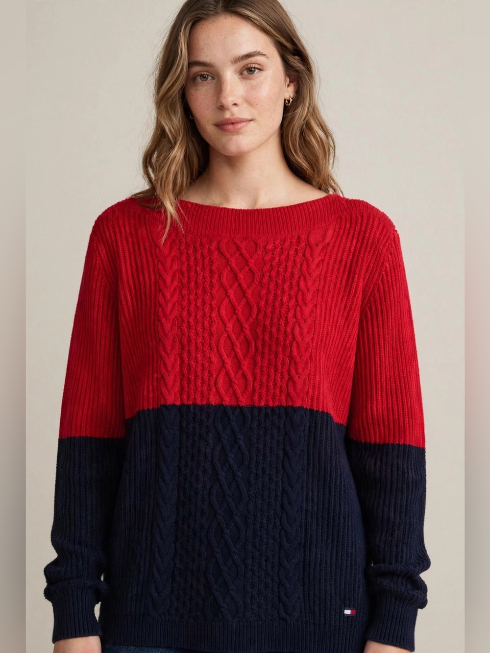 Tommy Hilfiger Red & Navy Cable-Knit Colorblock Crew Sweater